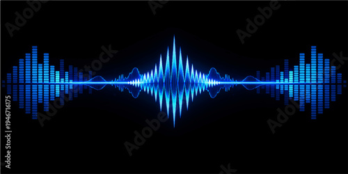 A digital blue music background featuring an abstract sound wave equalizer and vector waveform illustration represents electronic frequency pulses across a modern technology display