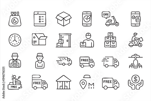 Logistics shipping delivery icon collection featuring courier trucks packages warehouse smartphone order tracking location and fast delivery symbols