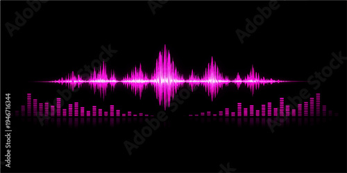 A digital sound wave vector illustration featuring an abstract music equalizer pattern with a glowing light frequency line that pulses like a medical EKG heartbeat for audio technology design
