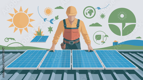 A worker installing solar panels on a roof with eco-friendly icons in the background