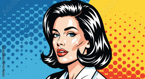Stylized pop art illustration of a woman with glossy hair, vibrant comic book style, bold colors, and halftone background