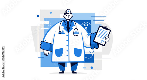 Illustration of a cheerful doctor in a white coat holding a clipboard, with blue accents and medical symbols, set against a minimalist white background