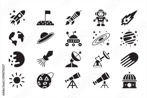 Astronomy space icon collection with rocket astronaut planets telescope satellite rover UFO sun moon and cosmic universe symbols