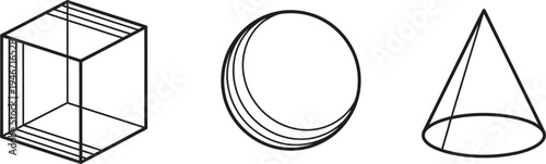 Collection of fundamental 3D geometric shapes including a cube sphere and cone presented as simple outline vector illustrations for educational or design purposes