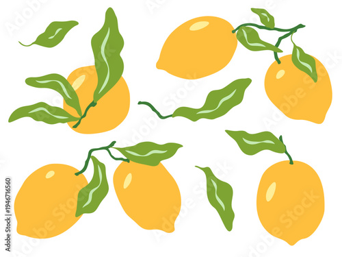 Summer lemons vector illustration set. Fresh yellow citrus fruits, green leaves, branches isolated on white background for food and Italian inspired design in simple, playful and whimsical flat style