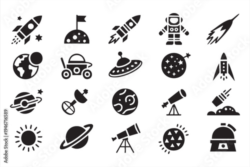 Space exploration icon set including rocket astronaut planet satellite telescope galaxy rover sun moon and astronomy science graphics