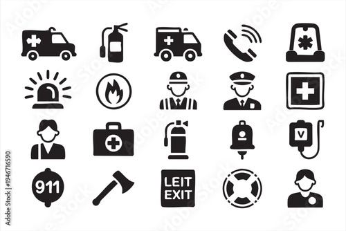 Emergency services safety icon pack featuring ambulance fire extinguisher police officer siren emergency call medical cross first aid kit and rescue tools