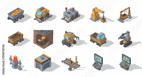 Isometric Industrial Construction and Mining Equipment Icons Set.