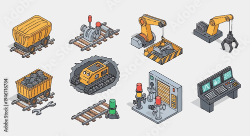 Isometric Industrial Equipment Set Vector Illustration.