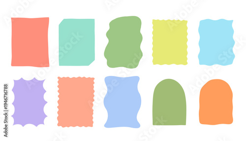 Hand drawn abstract shapes vector illustration set. Colorful pastel playful border frames with wavy, rounded, scalloped forms. Decorative curved doodle backgrounds for banner, packaging, card design