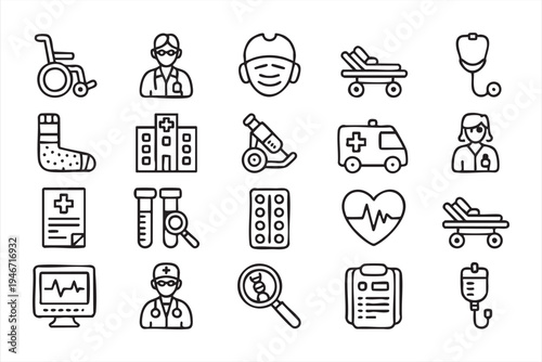 Healthcare hospital icon collection with doctor nurse ambulance microscope stethoscope heart monitor wheelchair laboratory test and medical service symbols