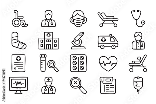 Medical hospital icon set including doctor nurse ambulance microscope stethoscope wheelchair medicine pills laboratory diagnostics and patient care graphics