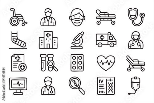 Healthcare medical icon pack with doctor nurse ambulance microscope stethoscope heart monitor wheelchair laboratory test and hospital service symbols