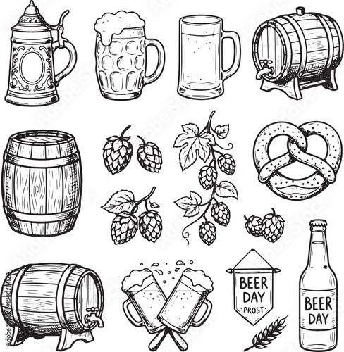Beer festival elements with mugs, barrels, hops, and pretzels  