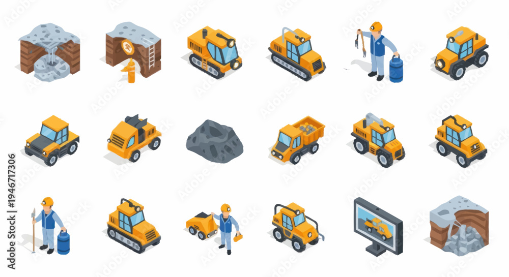 Fototapeta premium Construction and Mining Equipment and Workers Isometric Icons Set.