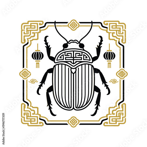 Black and gold chinese beetle illustration with lantern icons and geometric border frame