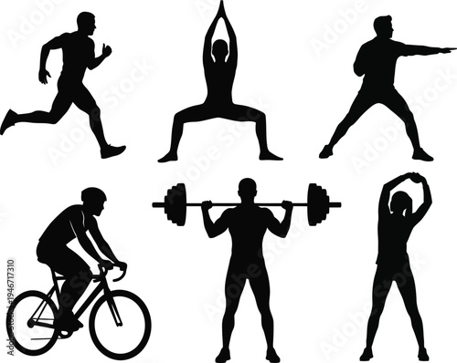 Silhouette of people performing various fitness exercises and sports