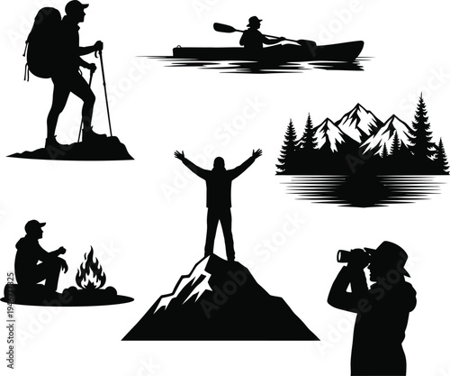 Outdoor adventure silhouettes hiking kayaking camping and photography