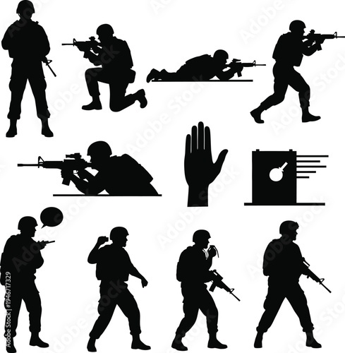 Silhouette of soldiers in various combat and movement positions