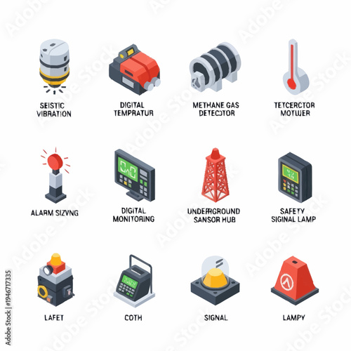 Collection of Industrial Safety and Monitoring Equipment Icons.