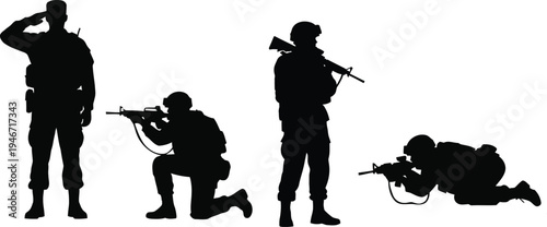 Silhouettes of soldiers in tactical positions with guns