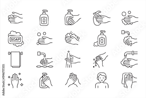 Hand washing sanitation icon pack with soap sanitizer faucet towel clean hands and hygiene prevention graphics