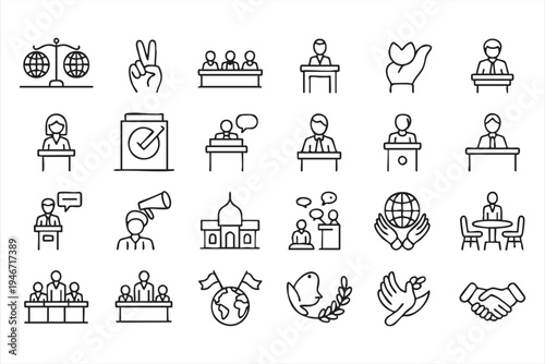 Political democracy icon collection with voting ballot box debate podium handshake peace dove government building and civic leadership graphics