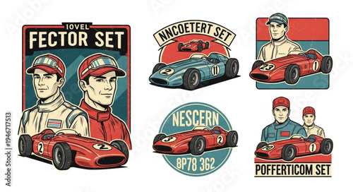 Vintage Racing Team Vector Set - Classic Cars and Drivers.
