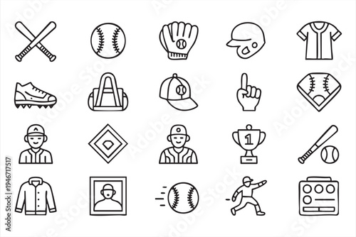 Baseball game icon collection featuring bat ball glove helmet jersey trophy player running cleats and sport competition graphics