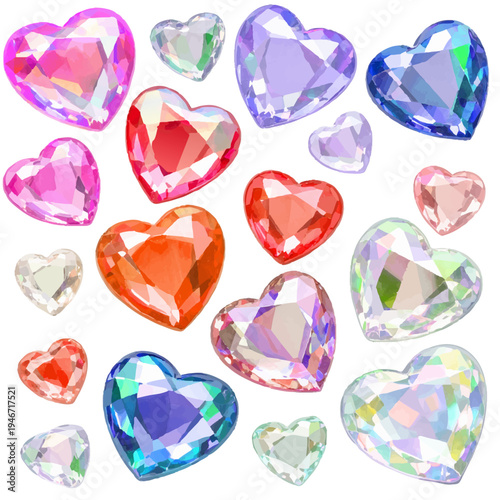カラフルなハート型宝石セット ピンク ブルー オレンジ パステルカラーの輝くジュエリーコレクション かわいいクリスタルハートのジェムストーンイラスト素材ベクターイラスト