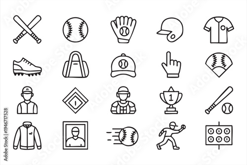 Baseball sport icon set including bat ball glove helmet jersey trophy field player running cleats and team graphics