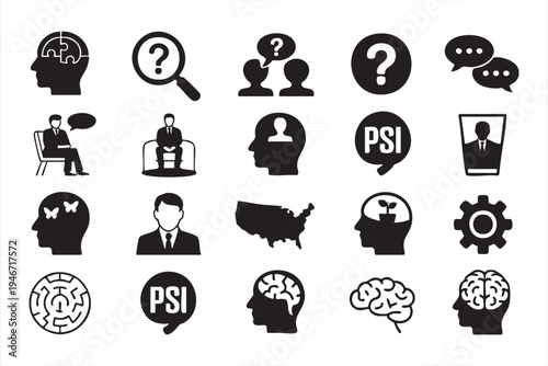 Psychology mental health icon pack featuring brain head silhouette therapy counseling interview conversation and cognitive science symbols