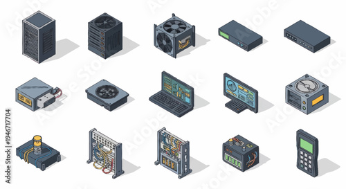 Isometric collection of computer hardware and electronic devices.