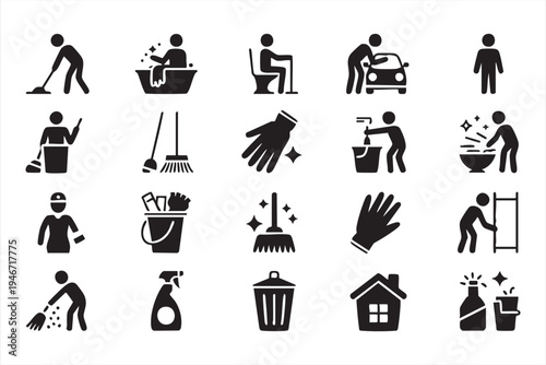 House cleaning service icon pack with mop broom bucket gloves trash spray cleaner janitor sanitation and home maintenance graphics