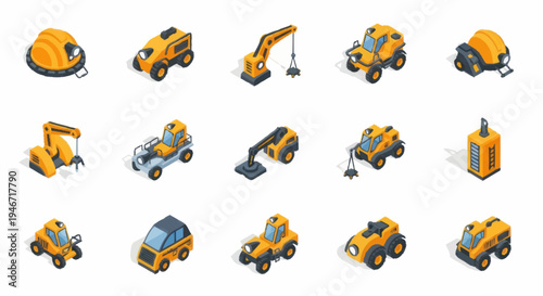 Collection of Isometric Construction Vehicles and Equipment Icons.