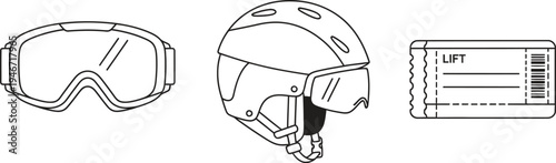 Set of minimalist ski and snowboard equipment icons featuring goggles a helmet and a lift ticket ideal for winter sports apps and websites