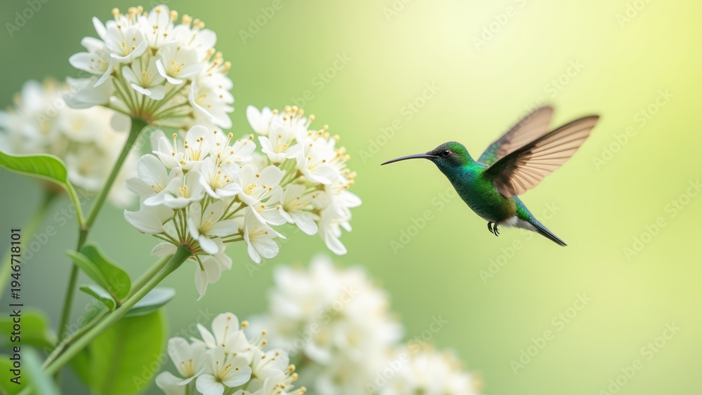 Fototapeta premium Green hummingbird hovering near white blossoms on branch, tiny iridescent bird flying toward spring flowers