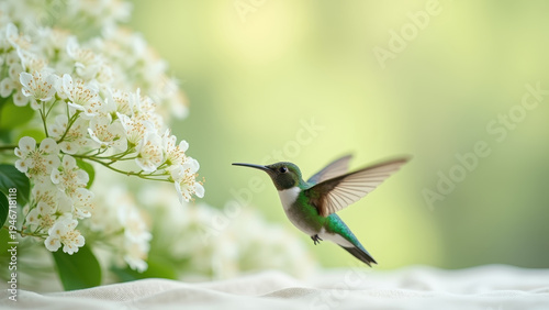 Green hummingbird hovering near white blossoms on branch, tiny iridescent bird flying toward spring flowers, concept of nature photography, wildlife, ecology