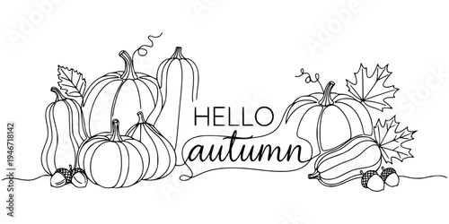 Autumn pumpkins, gourds and leaves in line art on white background, concept of seasonal harvest and fall greeting