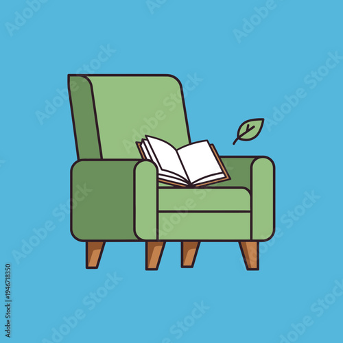 Green armchair with an open book and a floating leaf on a blue background.