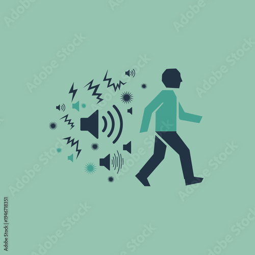 Person walking away from loud, chaotic sound symbols and icons.