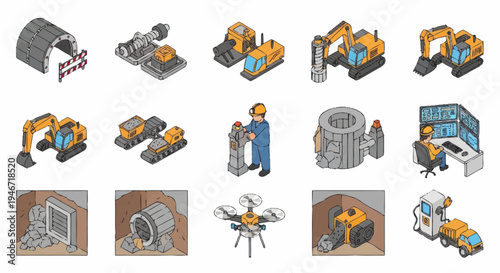 Isometric Construction and Industrial Equipment Icons Set.