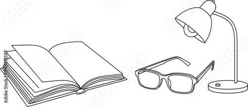 Simple outline vector illustration of an open book reading glasses and a desk lamp ideal for educational content learning concepts or office design elements