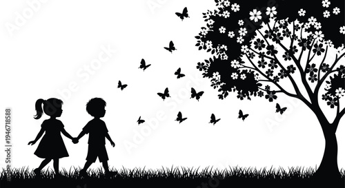 Children holding hands walking under tree with butterflies silhouette childhood friendship nature scene flat vector illustration