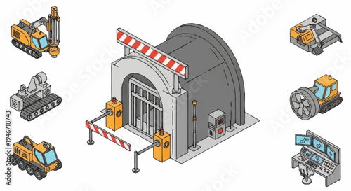 Isometric Industrial Bunker Entrance with Construction Vehicles.