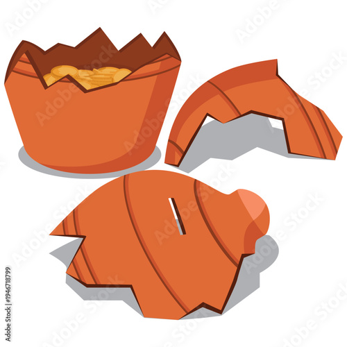 broken clay money bank, shattered clay bank.