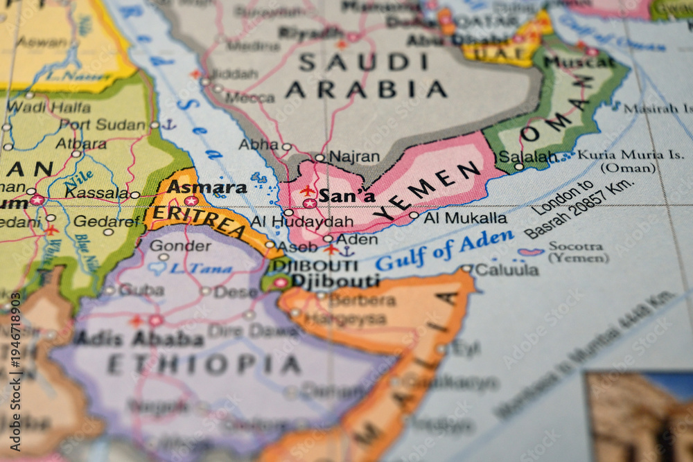 Naklejka premium Al Hudaydah Yemen on World Map Close Up Macro Defocused Background Geographic Image