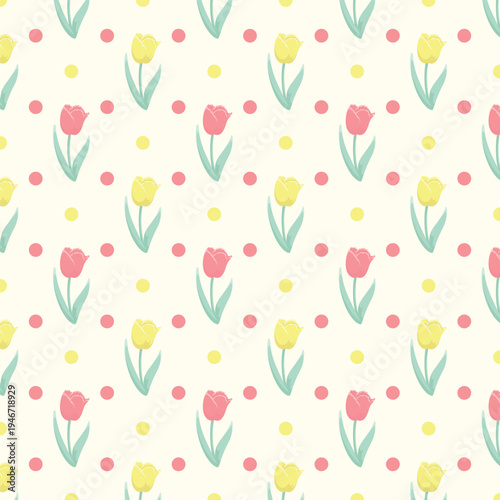Colourful seamless pattern with cute tulip flowers. Spring season Easter holiday vector illustration.