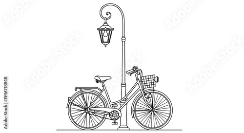 Line drawing depicts a bicycle and street lamp black silhouette