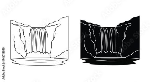 Waterfall landscape depictions in contrasting styles a bold silhouette